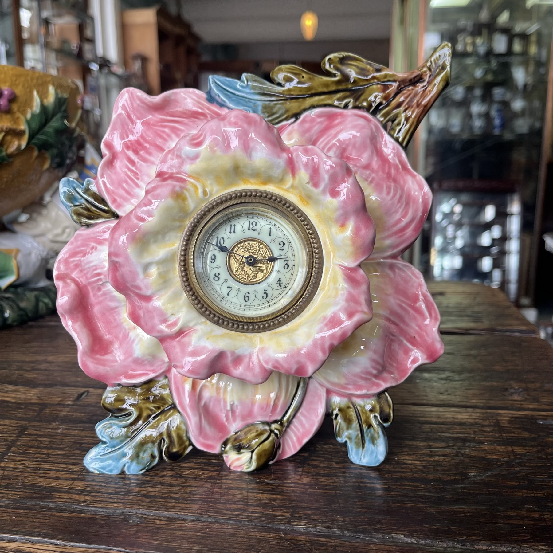 French majolica clock in the form of a flower, C. 1880