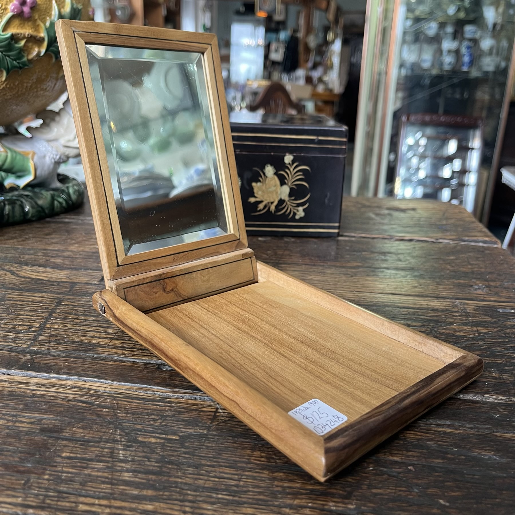 Italian Olivewood traveling mirror in case, swallow-painted, c. 1900