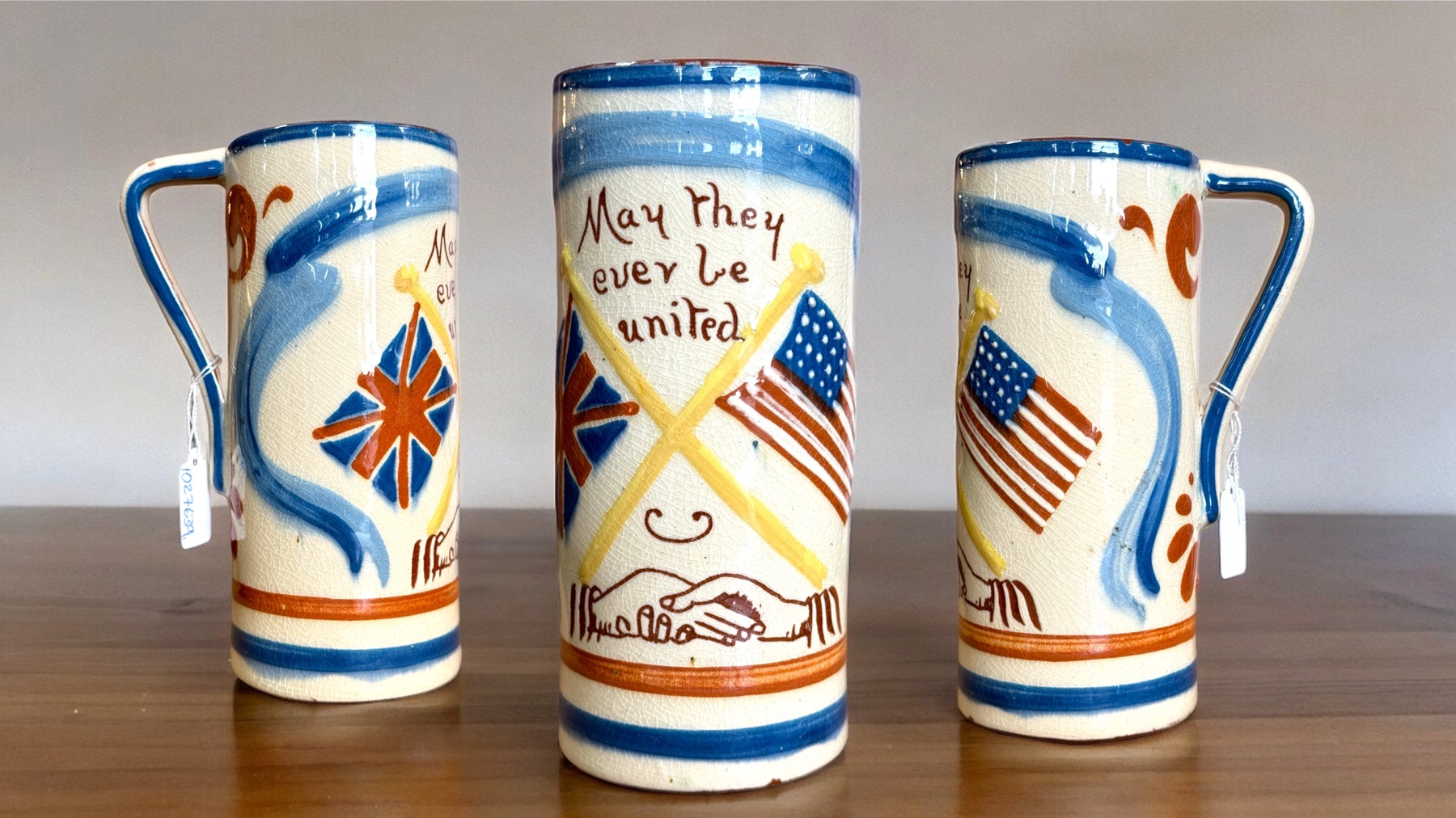 Commemorative Torquay Aller Vale mug, 'May they ever be united', USA & UK, 1917