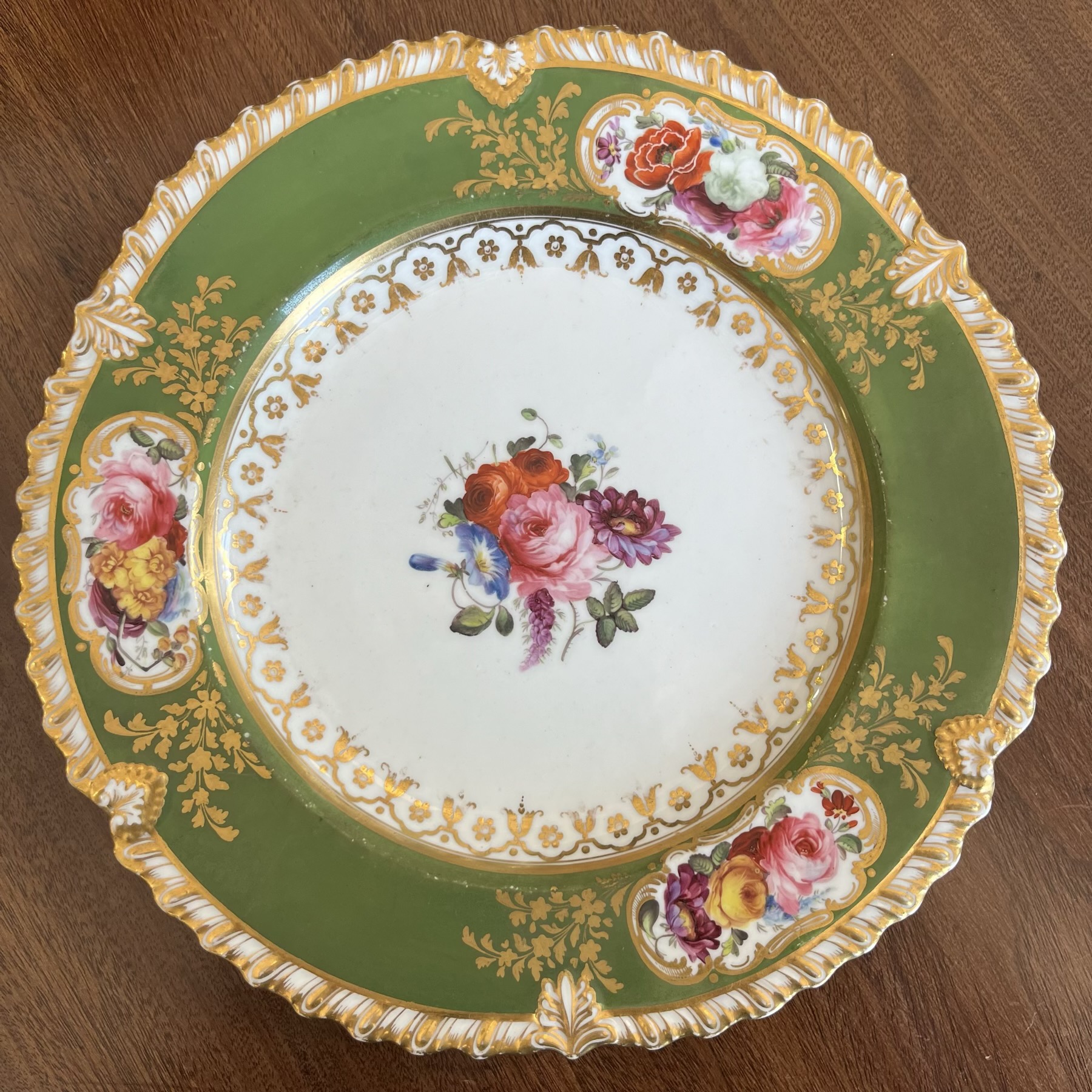 Magnificent Coalport plate, flowers, gilt & green, c. 1830