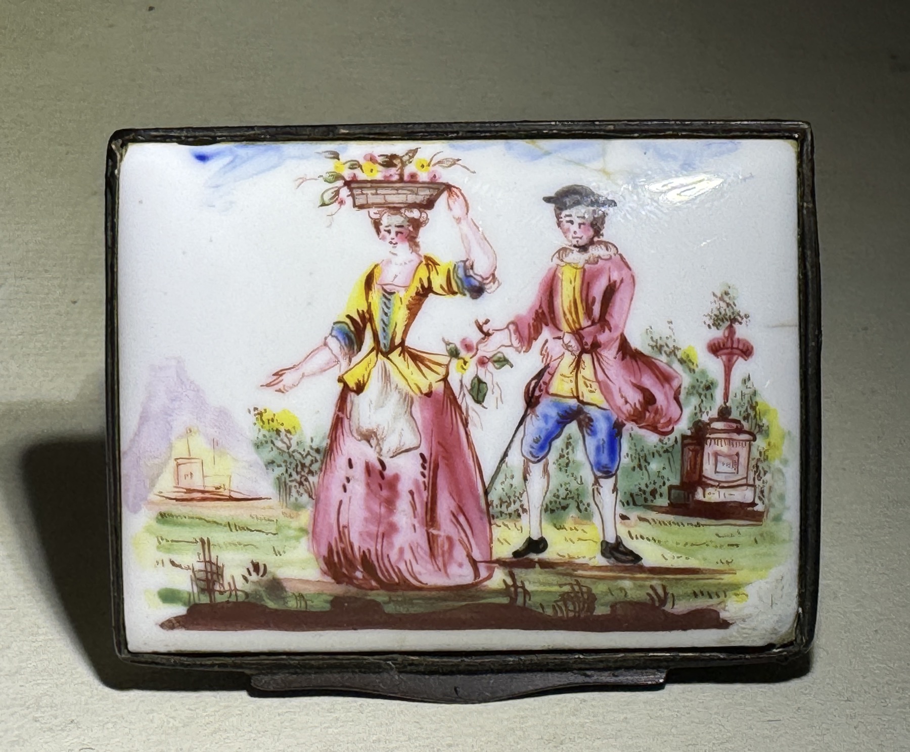 Birmingham enamel snuff box, gent & flower-girl, c. 1765