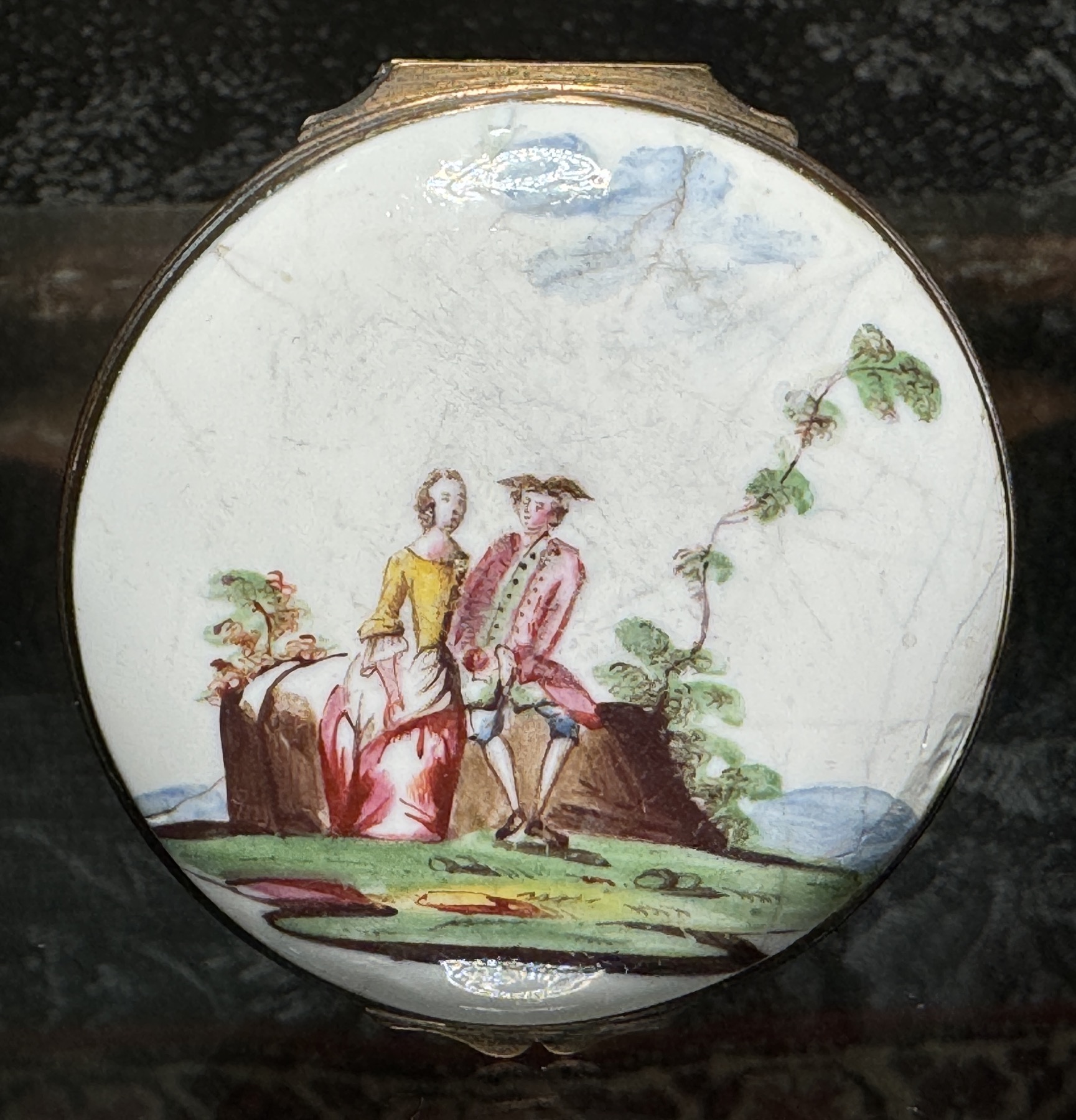 Birmingham Enamel snuff box, hand painted couples & landscapes, c. 1775