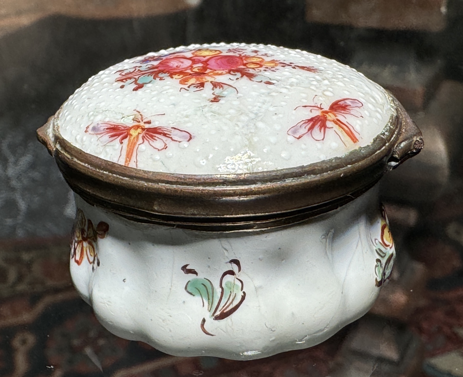 English enamel patch box, flowers & insects on seeded ground, steel mirror c.1780