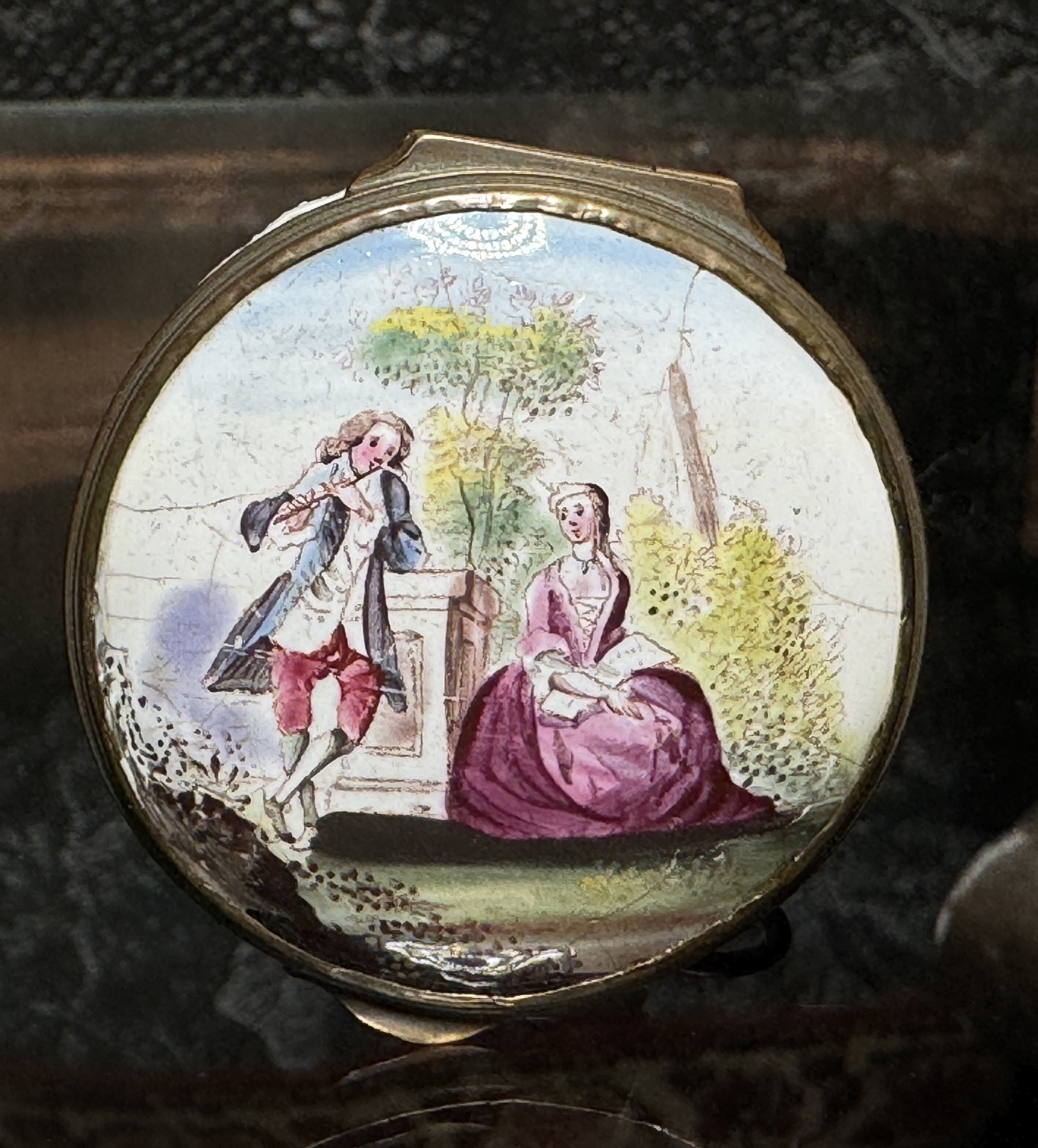 English enamel snuff box, hand painted Watteauesque scene,  c. 1780