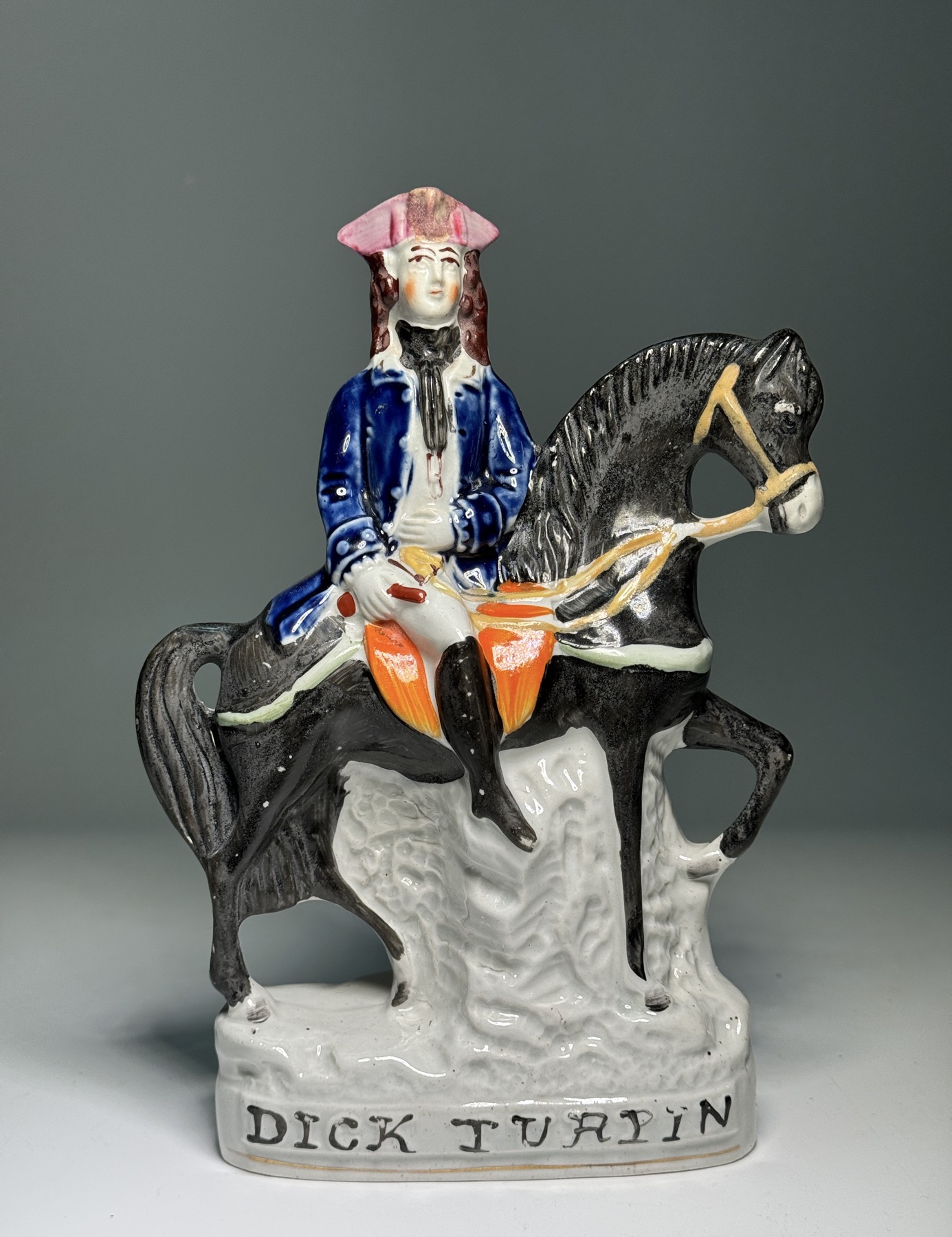 Staffordshire figure of 'Dick Turpin' on his horse, Black Bess, c. 1860