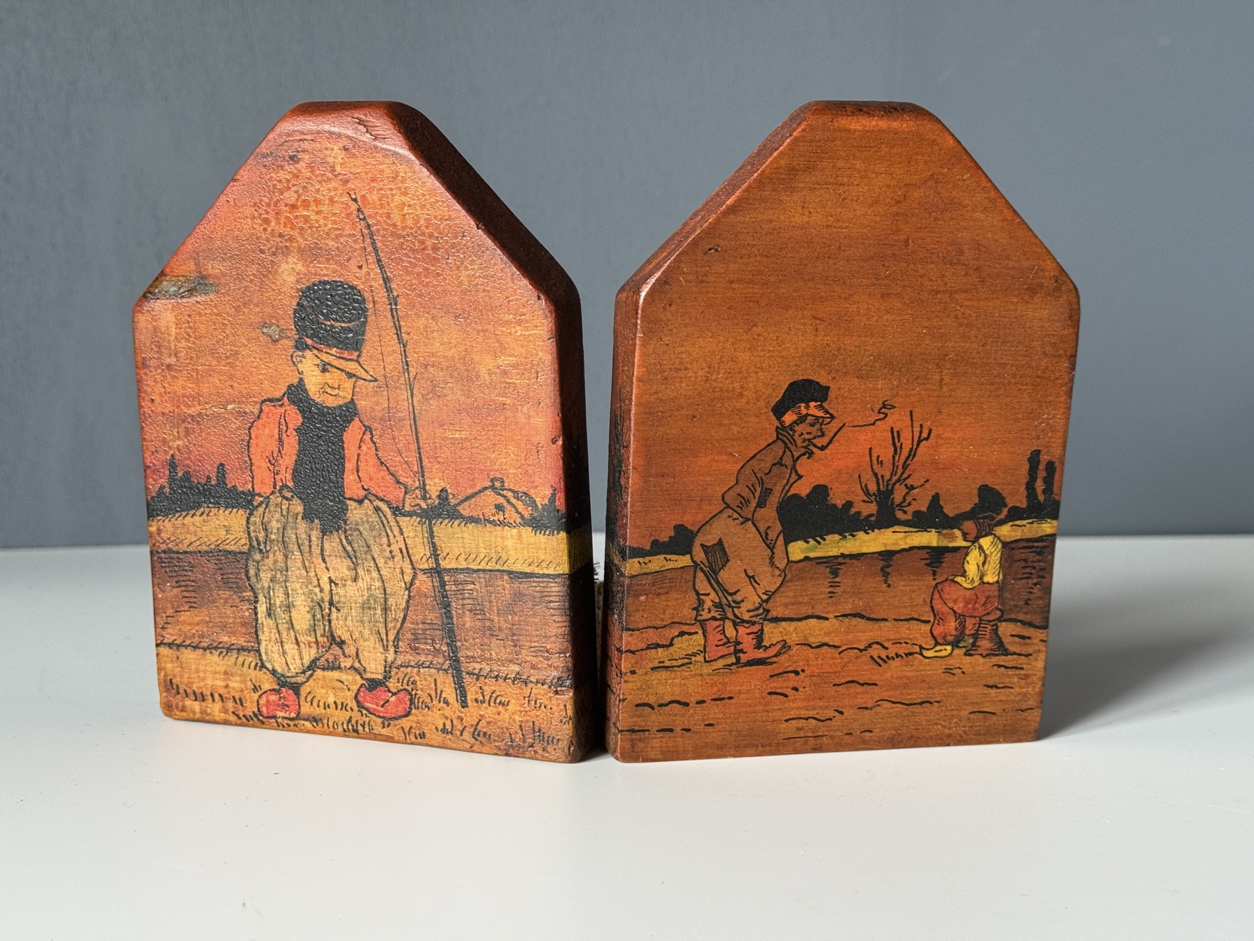 Pair of hand painted 'Dutch Boy' wood bookends, c. 1920's