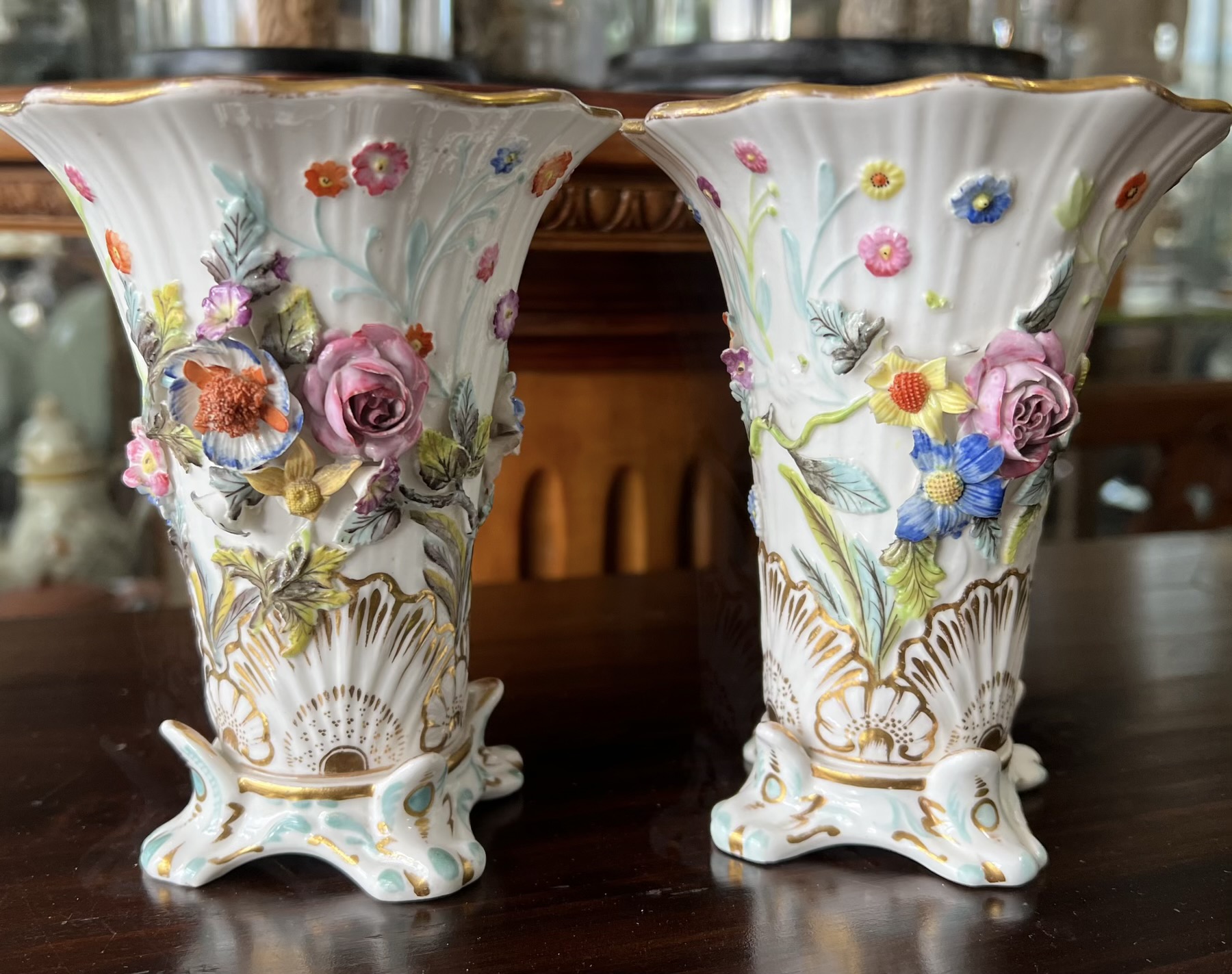 Pair of Spode flower encrusted vases, shell moulded, c.1825