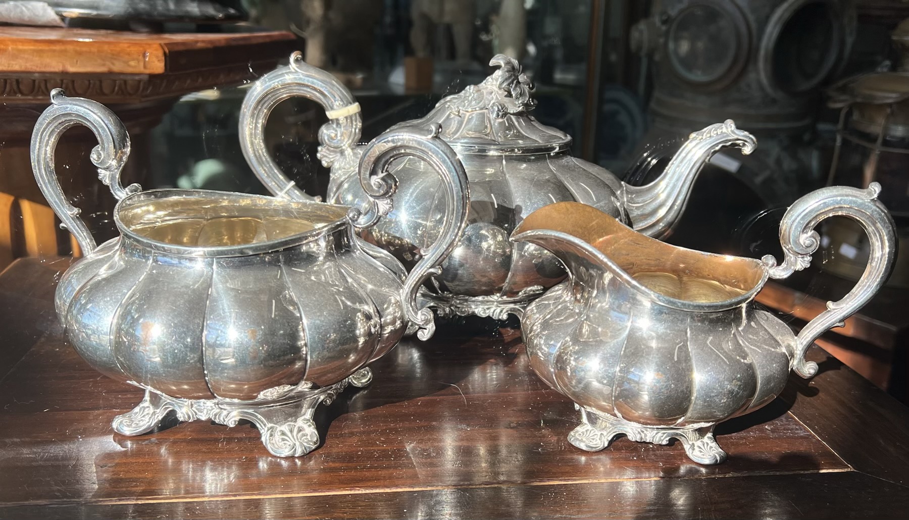 Very early electroplate melon shaped tea service,  J Watson & sons C. 1840