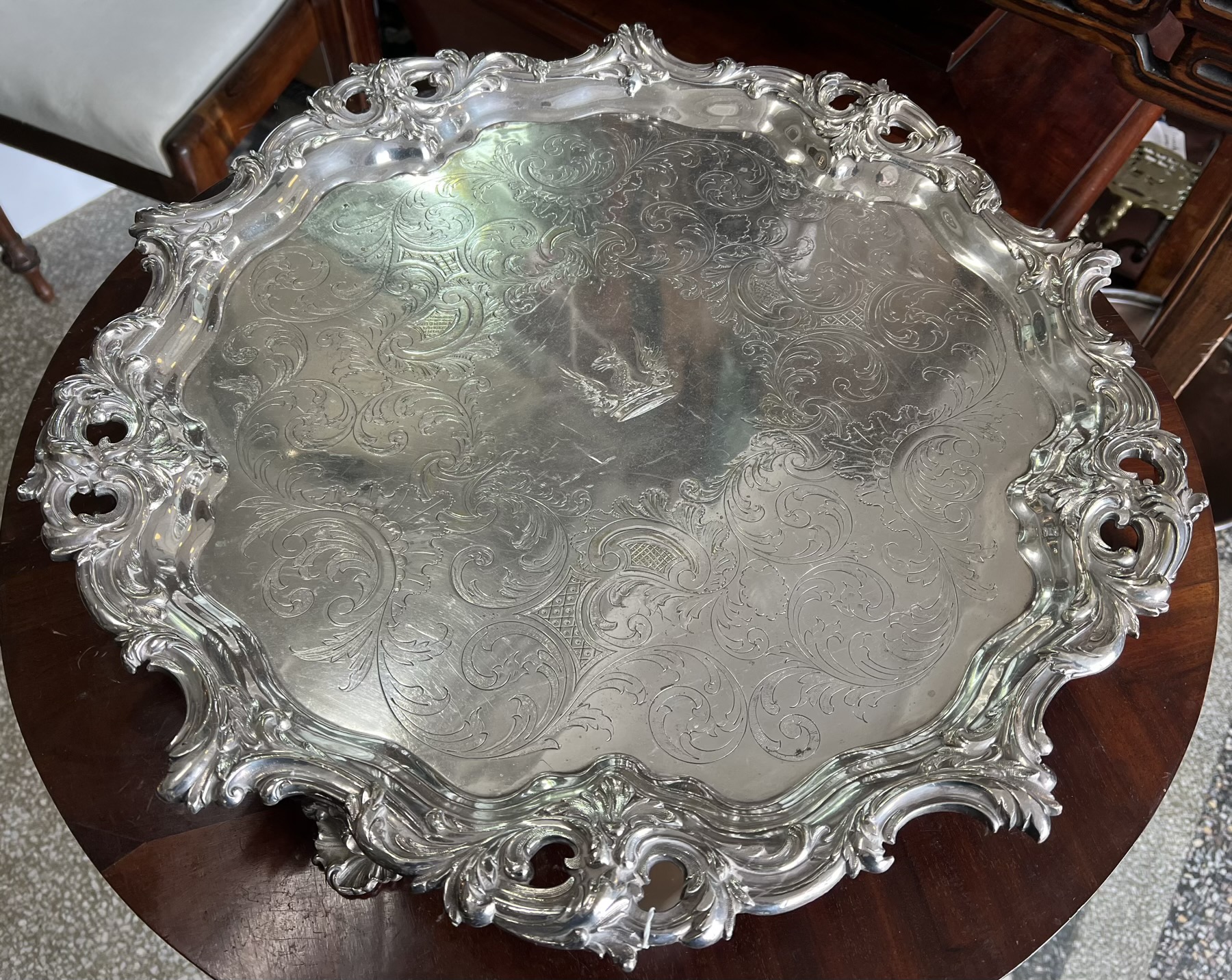 Stunning over-size early Victorian tray, pierced rococo rim & engraved with flowers, c. 1850