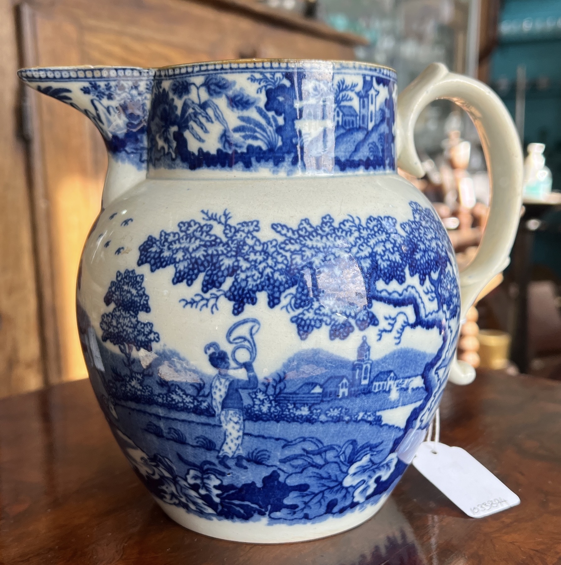 Large pearlware jug, ‘India’ print in blue, c. 1805