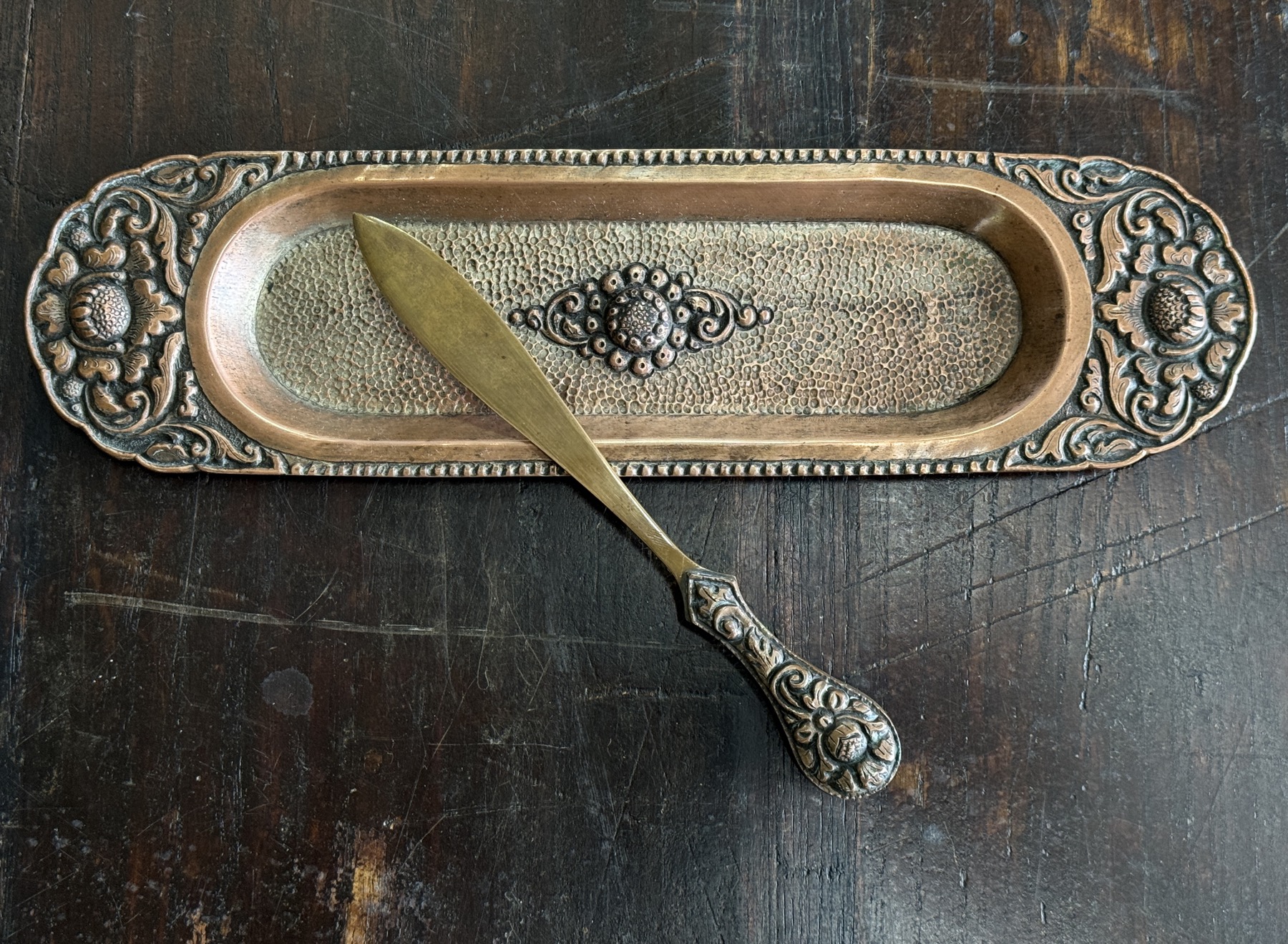 Arts & Crafts Copper pentray & letter opener with embossed flowers, c. 1900