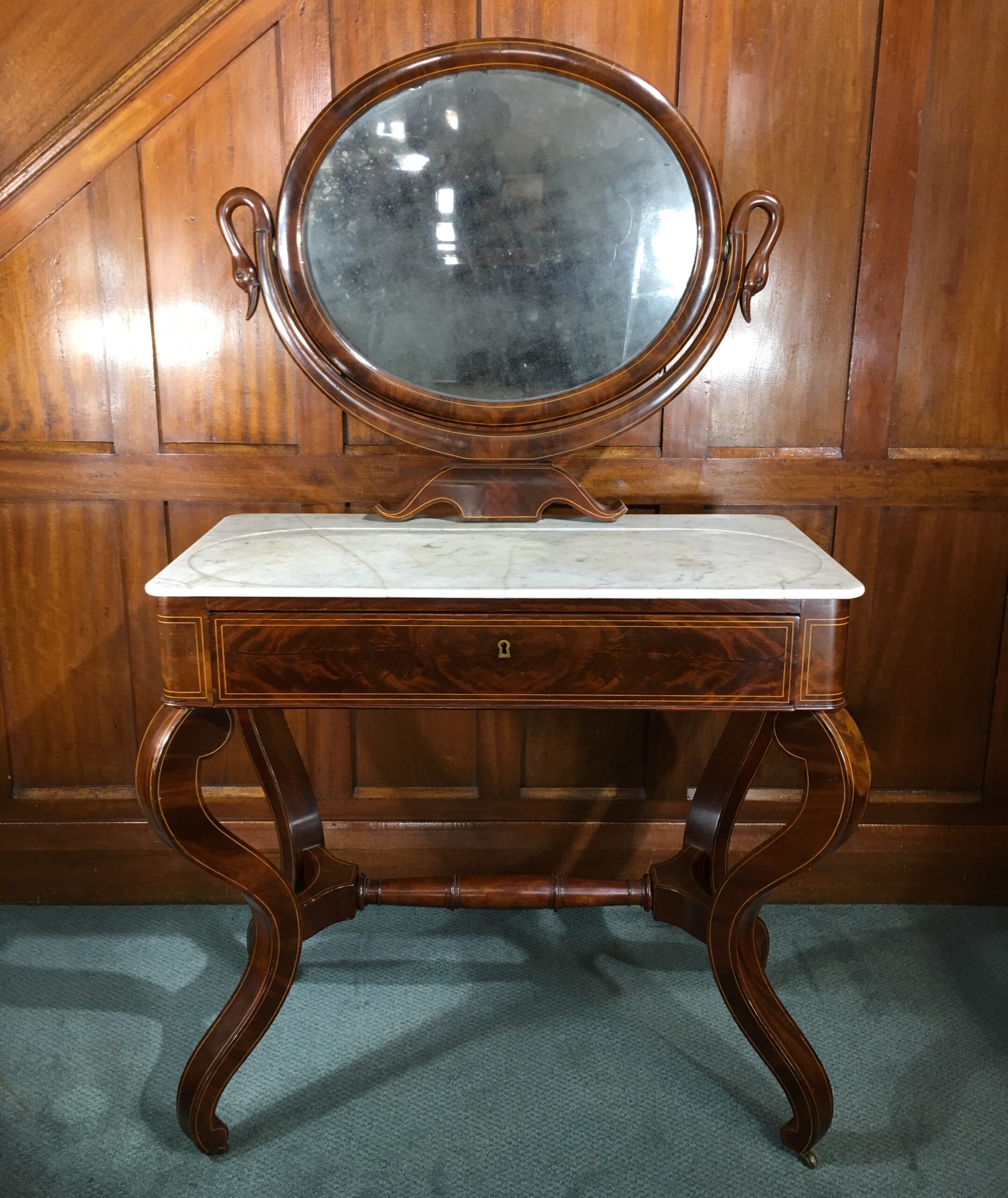 Danish Mahogany dressing table, oval mirror with swan head supports, c. 1815