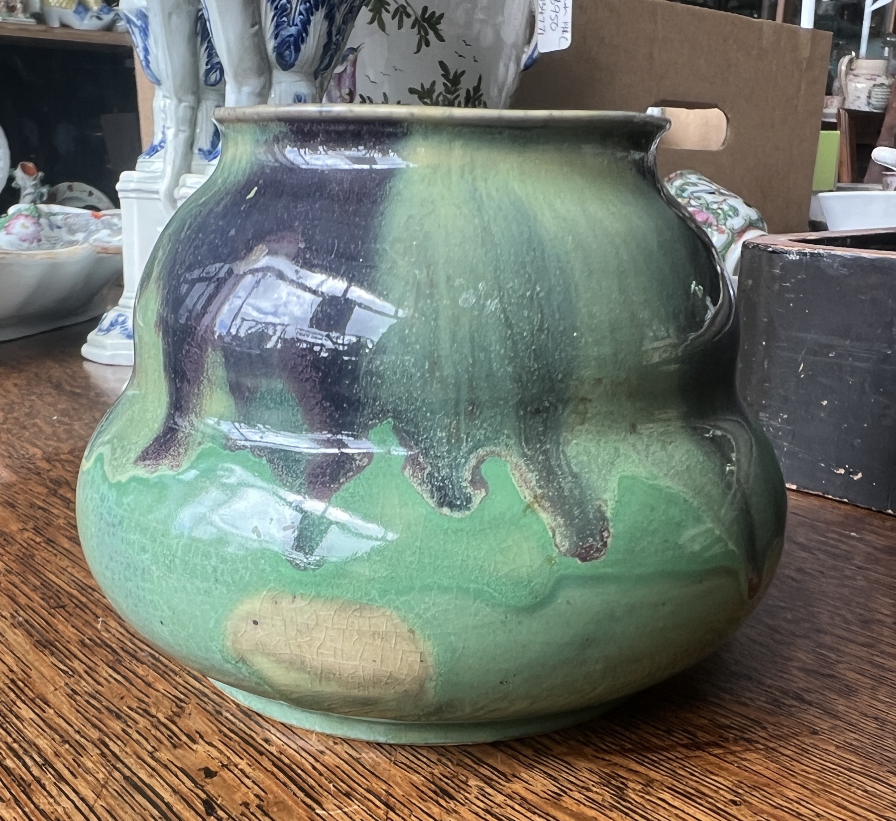 Remued Australian Pottery low vase, green tones, c. 1930