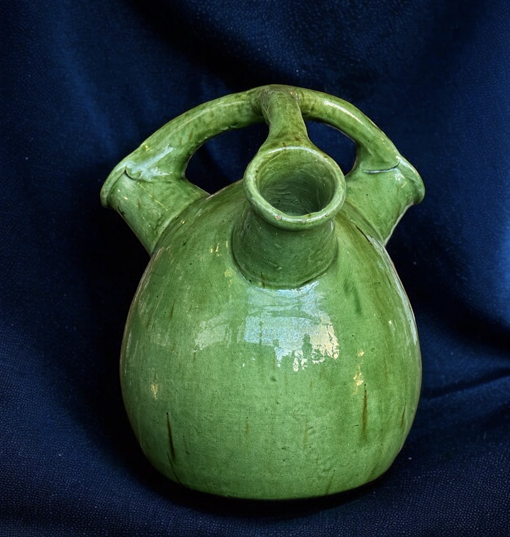 Belgian Arts + Crafts pottery tri-spout vessel, green glaze c. 1905