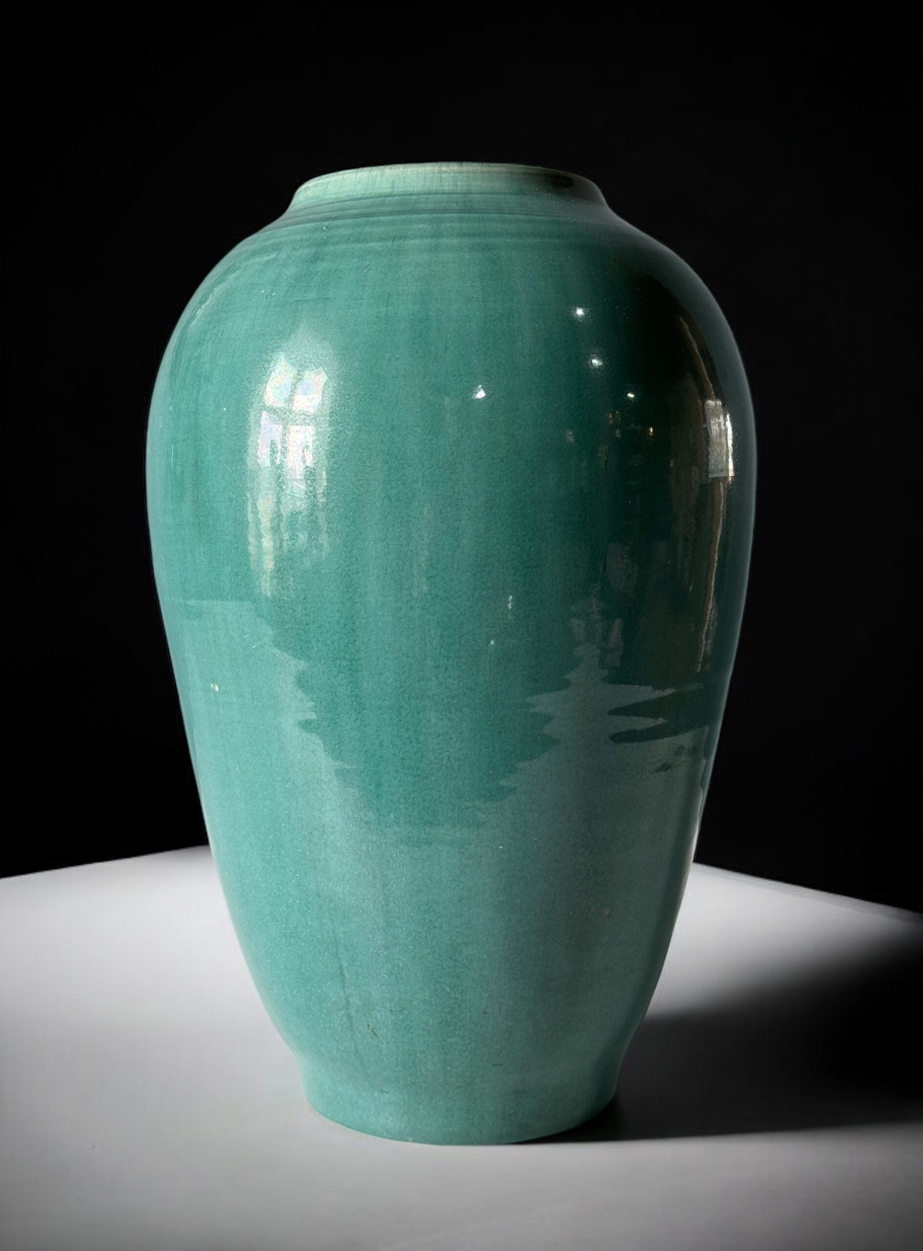 Mortlake Pottery (UK) Arts & Crafts large vase, turquoise glaze, signed & dated George James Cox 1912