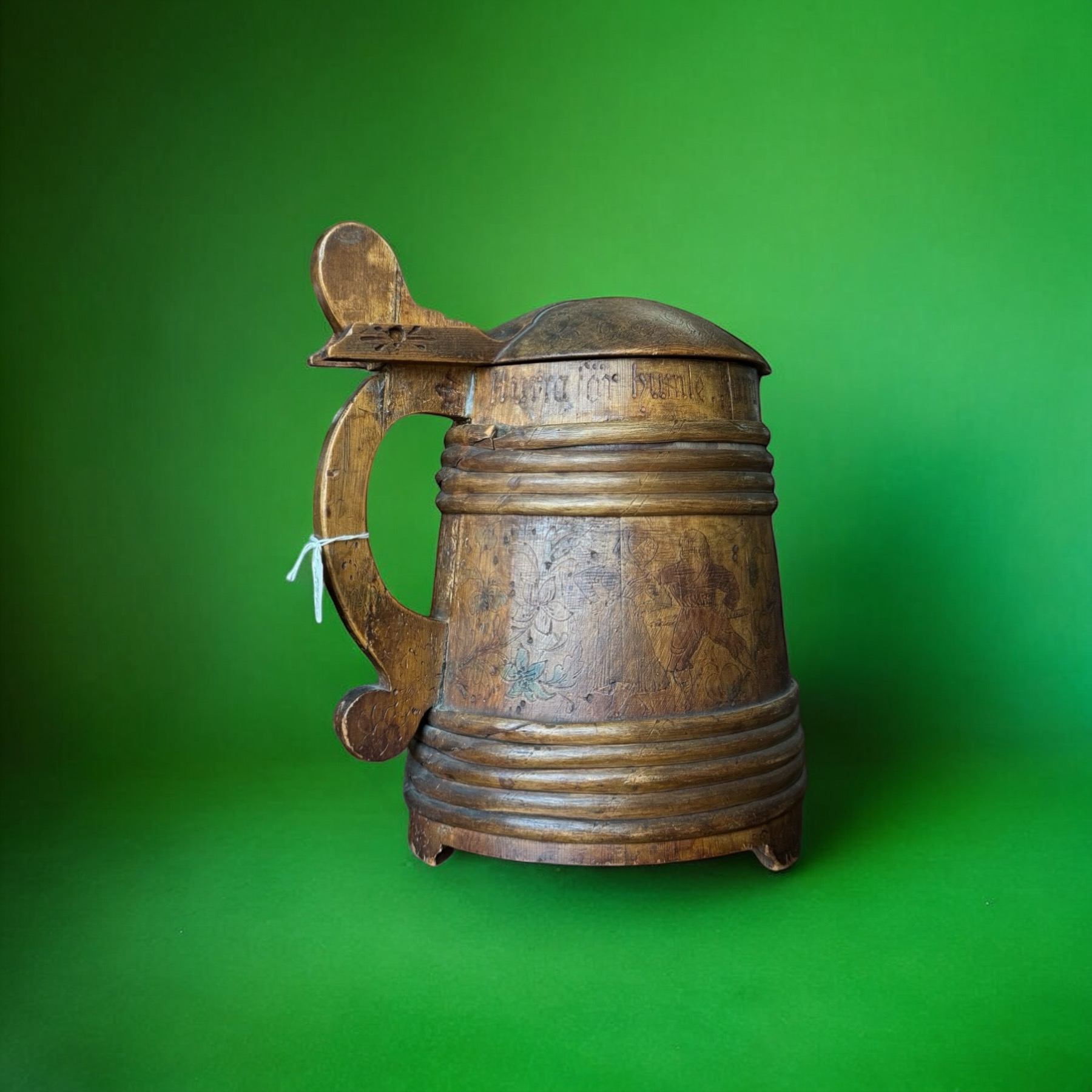 Swedish Arts & Crafts wooden tankard, signed Selma Giöbel, dated 1891