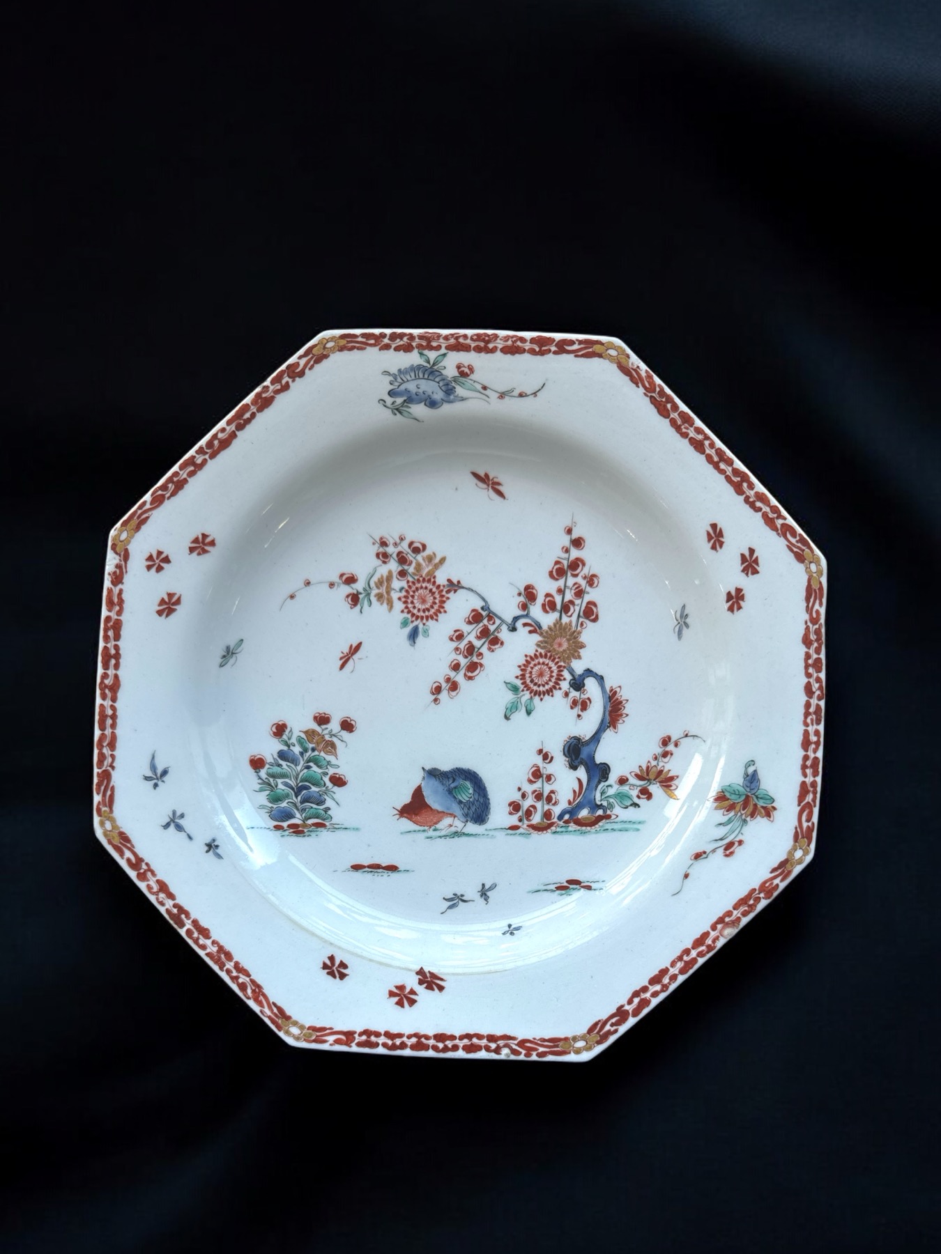 Bow octagonal plate, painted in kakiemon colours with the 'Quail' pattern, c. 1755