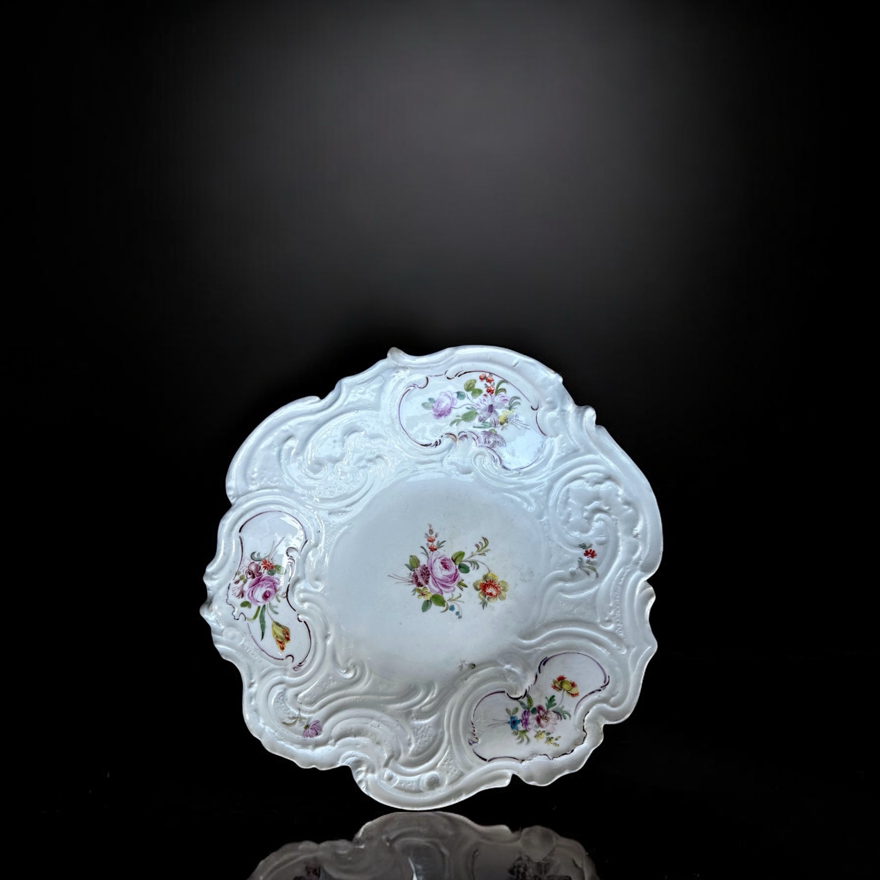 Chelsea Rococo moulded sweetmeat dish, flower panels, c. 1755