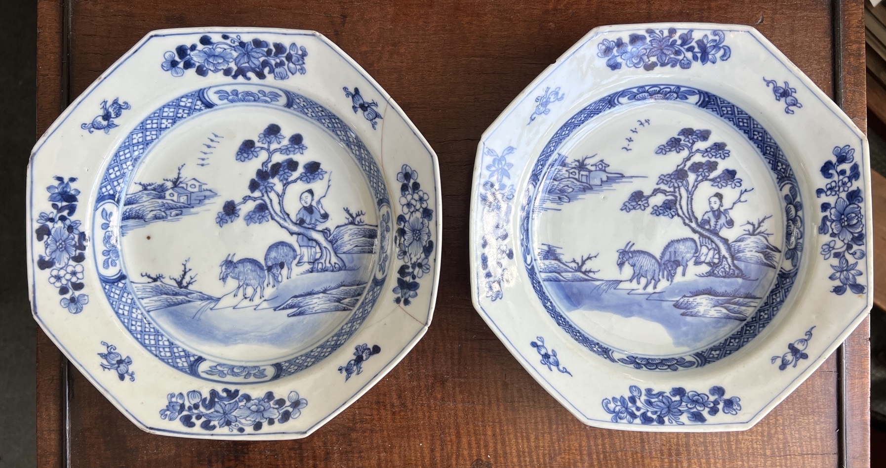 Pair of Chinese hexangonal plates, Goats in landscape, c. 1745