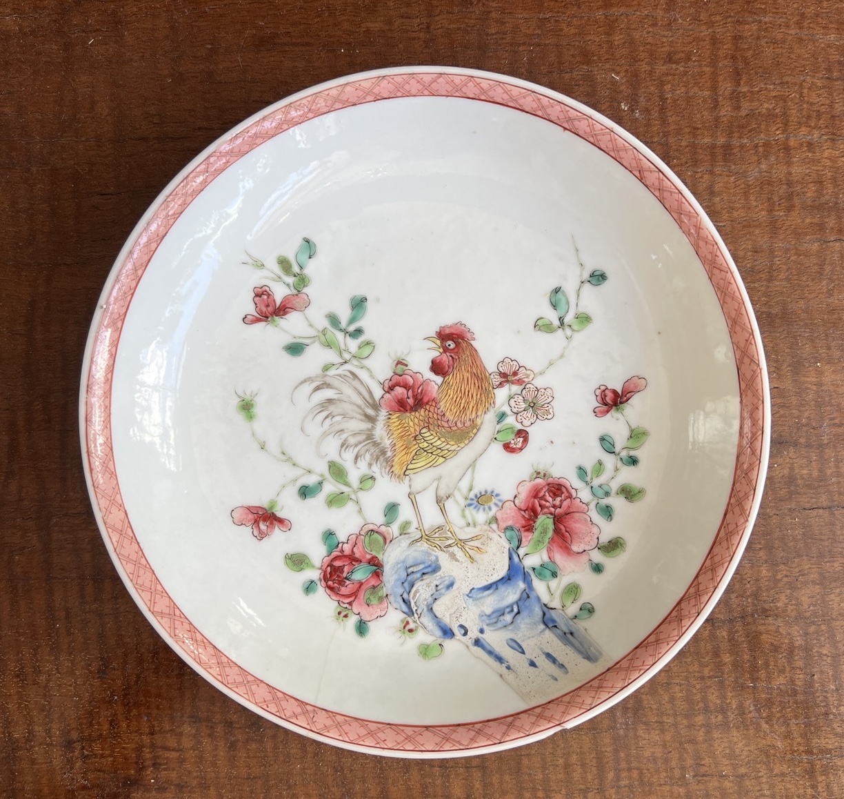 Chinese Export famille rose saucerdish, Rooster & Peony, c.1740