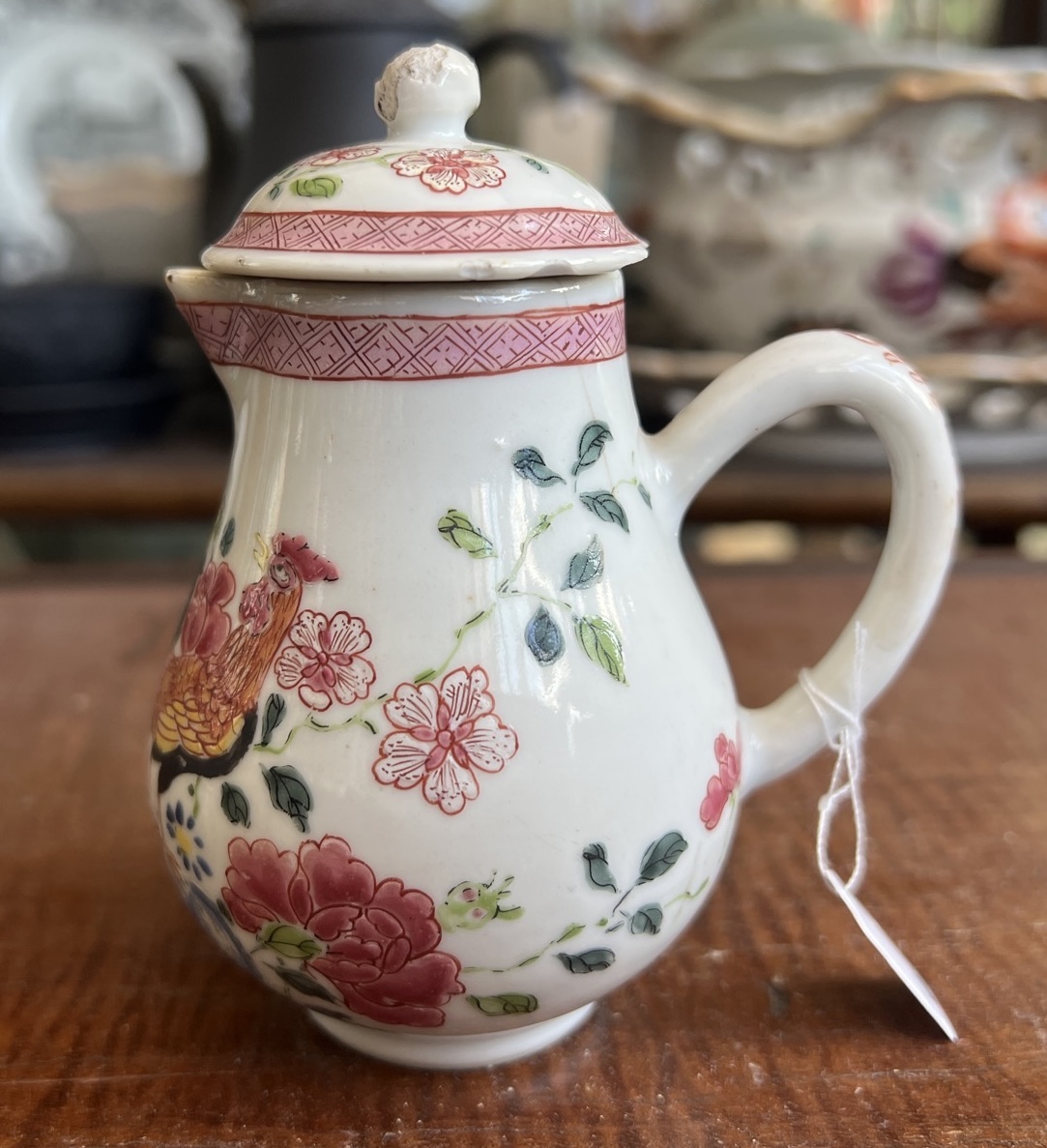 Chinese Export famille rose milk jug & cover, Rooster + Peony pattern, c. 1750