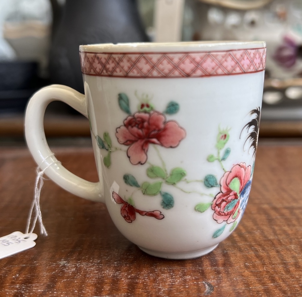 Chinese Export coffee cup, famille rose Rooster + Peony, c. 1750