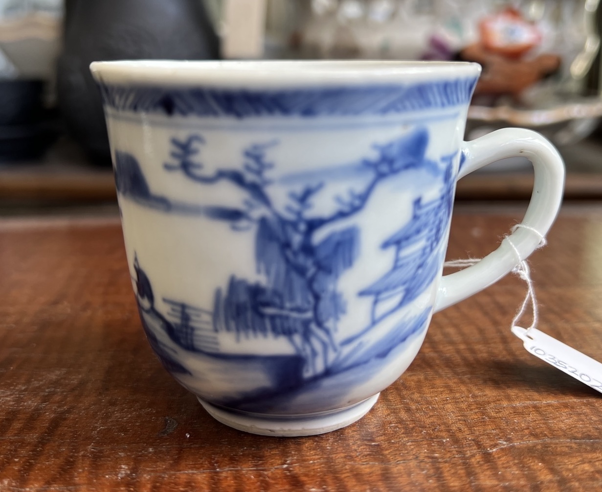 Chinese Export coffee cup, underglaze River Landscape, c. 1760