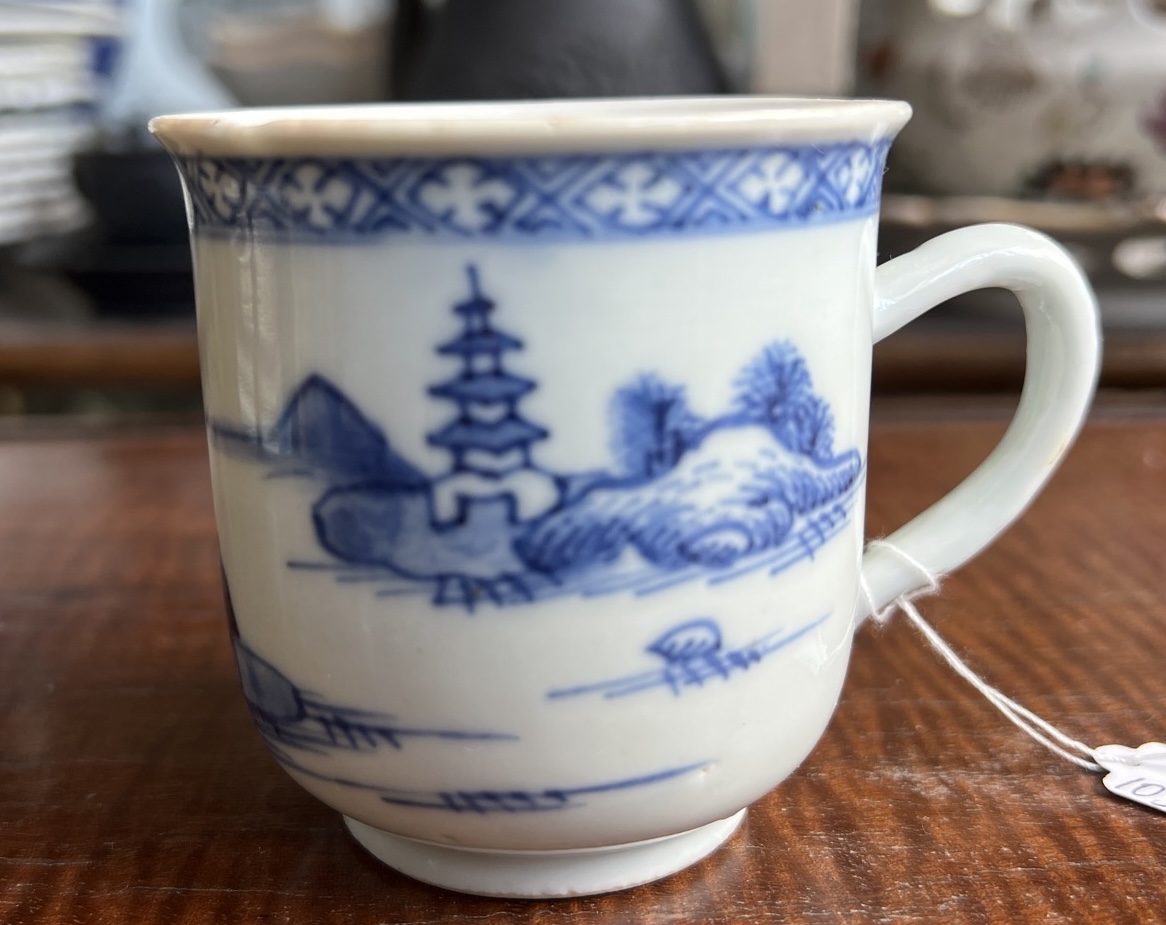 Chinese Export coffee cup with underglaze blue River Landscape, c. 1750