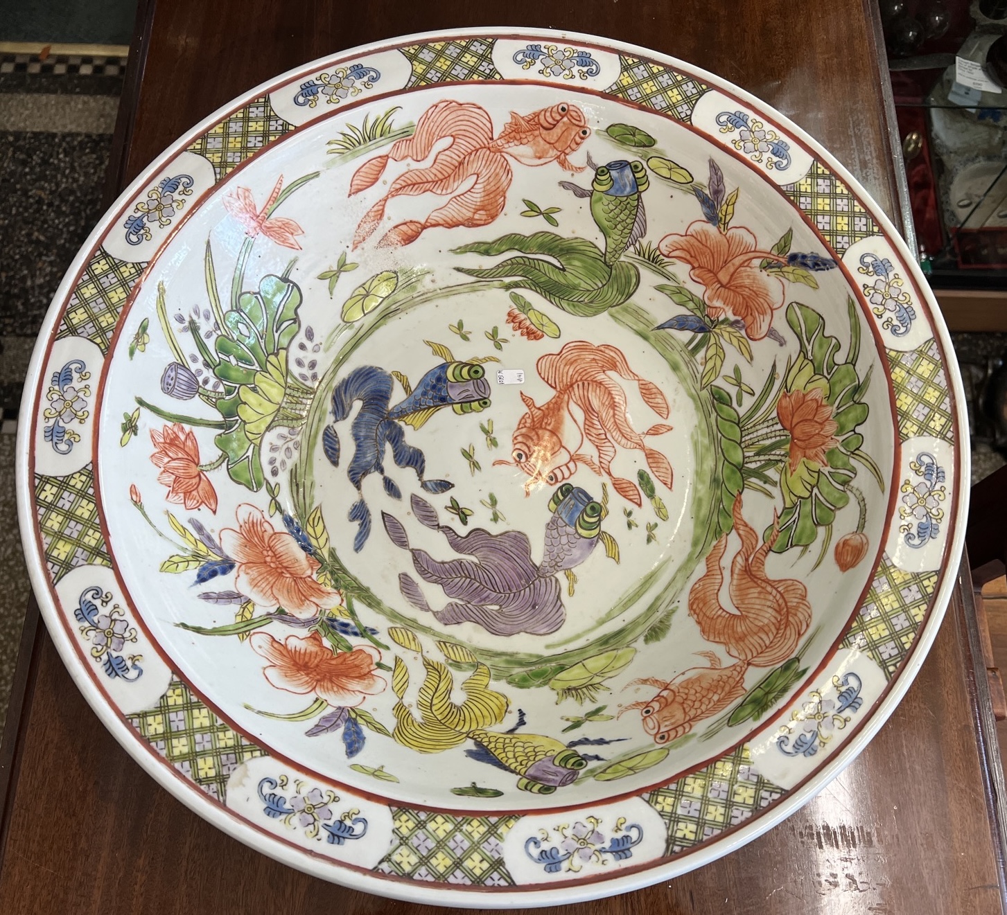 Large Chinese famille verte Bowl with goldfish, pheasants, & ducks, Qing Dynasty 19th century