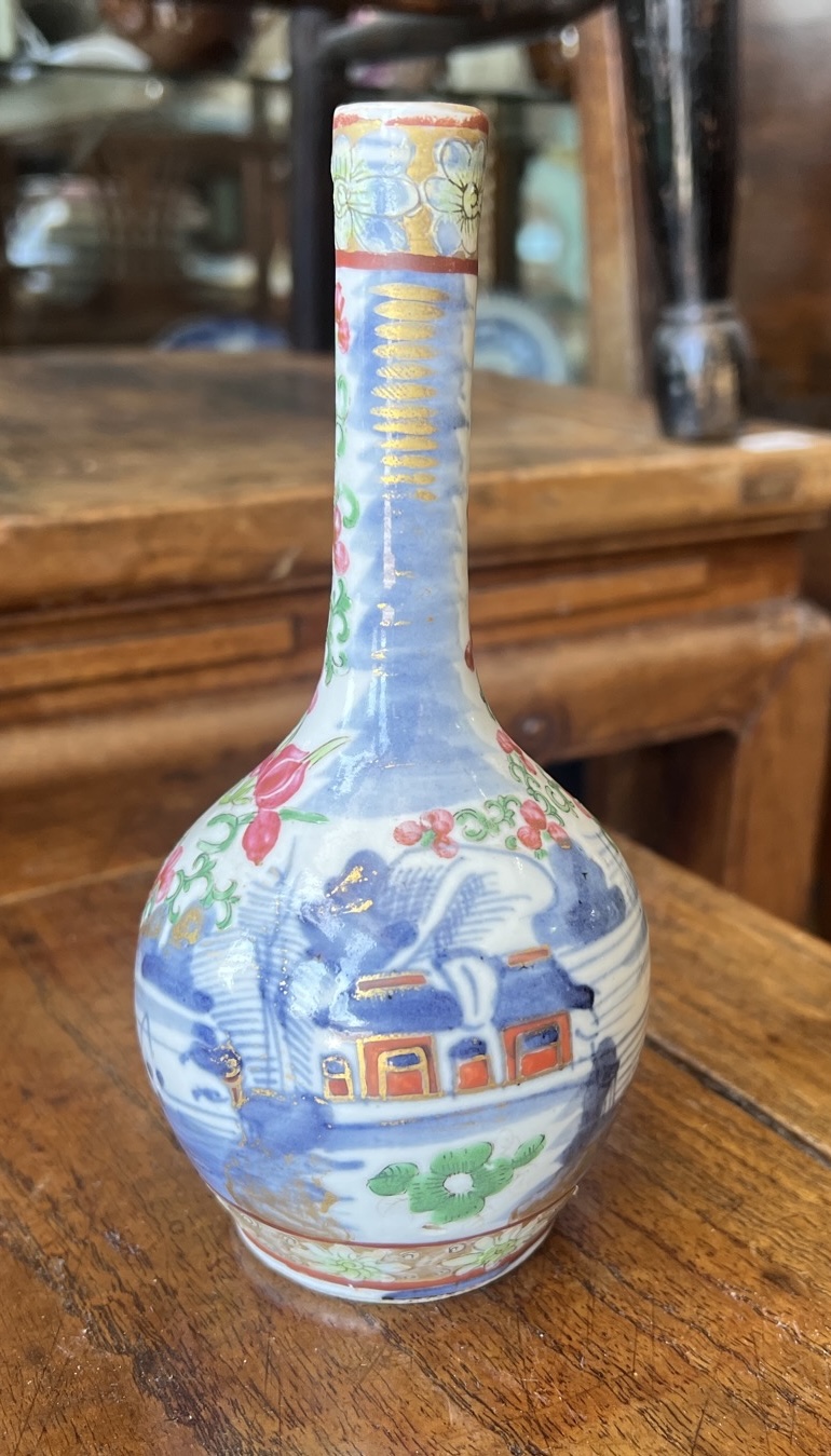 Chinese porcelain vase, underglaze blue landscape, ‘clobbered’ with colours & gold in Europe,  18th century